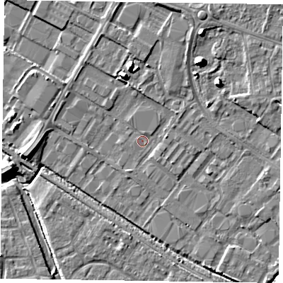 Shaded relief map of the ground around HP198DB, computed from Environment Agency LiDAR. The ground here sits at about 74 m above sea level and falls 12 m across the surrounding 800 m. Surface water reaching this point runs off ground lying to the north-east, 1.5 m higher.