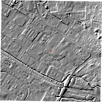 Shaded relief map of the ground around HP198DE, computed from Environment Agency LiDAR. The ground here sits at about 74 m above sea level and falls 10 m across the surrounding 800 m. Surface water reaching this point runs off ground lying to the east, 2.5 m higher.