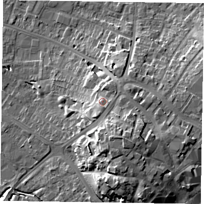 Shaded relief map of the ground around HP198FG, computed from Environment Agency LiDAR. The ground here sits at about 87 m above sea level and falls 20 m across the surrounding 800 m. Surface water reaching this point runs off ground lying to the south, 2.5 m higher.