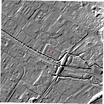 Shaded relief map of the ground around HP198FU, computed from Environment Agency LiDAR. The ground here sits at about 75 m above sea level and falls 11 m across the surrounding 800 m. The ground contributing surface water to this point lies to the north-north-east.