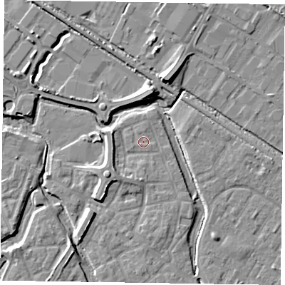 Shaded relief map of the ground around HP198GU, computed from Environment Agency LiDAR. The ground here sits at about 74 m above sea level and falls 10 m across the surrounding 800 m. Surface water reaching this point runs off ground lying to the south, 1.9 m higher.