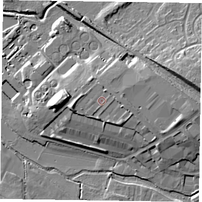 Shaded relief map of the ground around HP198RS, computed from Environment Agency LiDAR. The ground here sits at about 81 m above sea level and falls 18 m across the surrounding 800 m. Surface water reaching this point runs off ground lying to the east, 0.7 m higher.