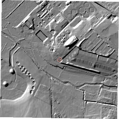 Shaded relief map of the ground around HP198RU, computed from Environment Agency LiDAR. The ground here sits at about 74 m above sea level and falls 18 m across the surrounding 800 m. Surface water reaching this point runs off ground lying to the north-east, 13.5 m higher.