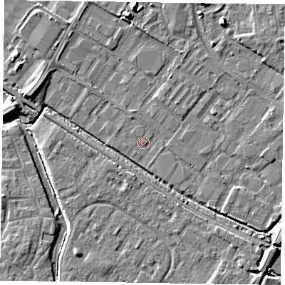 Shaded relief map of the ground around HP198UG, computed from Environment Agency LiDAR. The ground here sits at about 74 m above sea level and falls 9 m across the surrounding 800 m. Surface water reaching this point runs off ground lying to the east, 2.2 m higher.