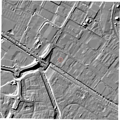 Shaded relief map of the ground around HP198UQ, computed from Environment Agency LiDAR. The ground here sits at about 74 m above sea level and falls 12 m across the surrounding 800 m. Surface water reaching this point runs off ground lying to the east-north-east, 0.9 m higher.