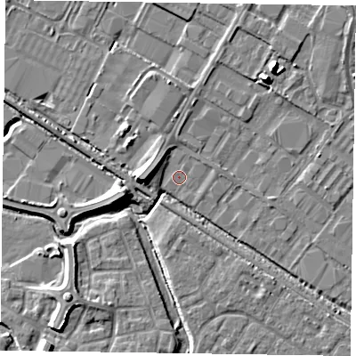 Shaded relief map of the ground around HP198YZ, computed from Environment Agency LiDAR. The ground here sits at about 74 m above sea level and falls 9 m across the surrounding 800 m. Surface water reaching this point runs off ground lying to the west, 6.4 m higher.
