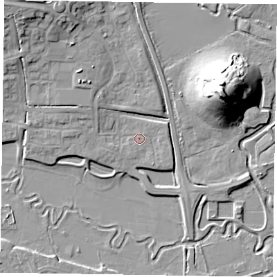 Shaded relief map of the ground around HP199RG, computed from Environment Agency LiDAR. The ground here sits at about 75 m above sea level and falls 25 m across the surrounding 800 m. Surface water reaching this point runs off ground lying to the north-east, 0.8 m higher.