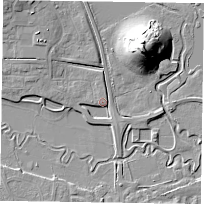 Shaded relief map of the ground around HP199RJ, computed from Environment Agency LiDAR. The ground here sits at about 75 m above sea level and falls 24 m across the surrounding 800 m. Surface water reaching this point runs off ground lying to the west, 2.9 m higher.