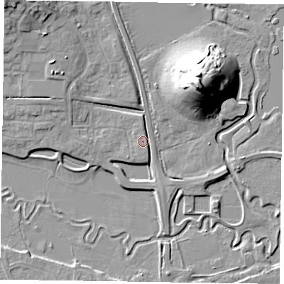 Shaded relief map of the ground around HP199RP, computed from Environment Agency LiDAR. The ground here sits at about 75 m above sea level and falls 24 m across the surrounding 800 m. Surface water reaching this point runs off ground lying to the east, 3.0 m higher.