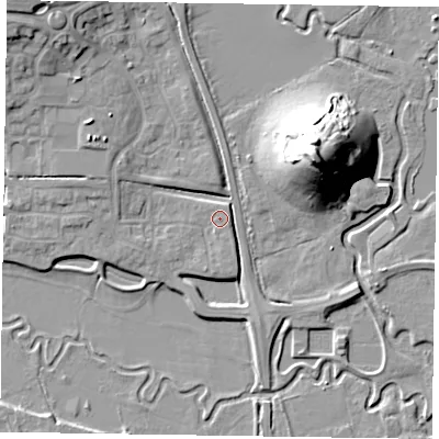 Shaded relief map of the ground around HP199RQ, computed from Environment Agency LiDAR. The ground here sits at about 75 m above sea level and falls 24 m across the surrounding 800 m. Surface water reaching this point runs off ground lying to the east-south-east, 0.7 m higher.