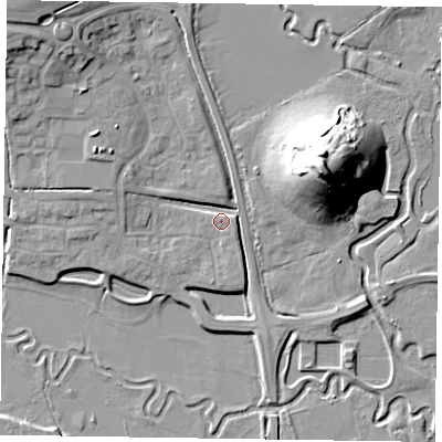 Shaded relief map of the ground around HP199RR, computed from Environment Agency LiDAR. The ground here sits at about 75 m above sea level and falls 25 m across the surrounding 800 m. Surface water reaching this point runs off ground lying to the west-north-west, 3.6 m higher.