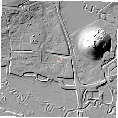 Shaded relief map of the ground around HP199RS, computed from Environment Agency LiDAR. The ground here sits at about 75 m above sea level and falls 25 m across the surrounding 800 m. Surface water reaching this point runs off ground lying to the west-north-west, 2.1 m higher.