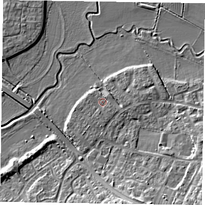 Shaded relief map of the ground around HP199UD, computed from Environment Agency LiDAR. The ground here sits at about 73 m above sea level and falls 10 m across the surrounding 800 m. Surface water reaching this point runs off ground lying to the south-south-west, 0.9 m higher.