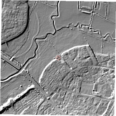 Shaded relief map of the ground around HP199WZ, computed from Environment Agency LiDAR. The ground here sits at about 72 m above sea level and falls 8 m across the surrounding 800 m. Surface water reaching this point runs off ground lying to the east-south-east, 2.4 m higher.