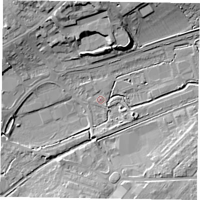 Shaded relief map of the ground around HP201AF, computed from Environment Agency LiDAR. The ground here sits at about 78 m above sea level and falls 17 m across the surrounding 800 m. Surface water reaching this point runs off ground lying to the north-north-east, 0.9 m higher.