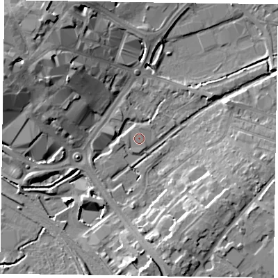 Shaded relief map of the ground around HP201AL, computed from Environment Agency LiDAR. The ground here sits at about 78 m above sea level and falls 16 m across the surrounding 800 m. The ground contributing surface water to this point lies to the west-south-west.
