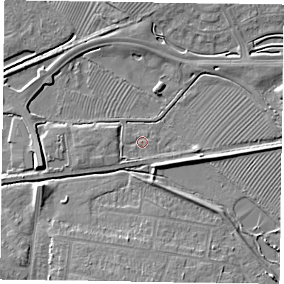 Shaded relief map of the ground around HP201AR, computed from Environment Agency LiDAR. The ground here sits at about 80 m above sea level and falls 6 m across the surrounding 800 m. Surface water reaching this point runs off ground lying to the east-south-east, 3.6 m higher.