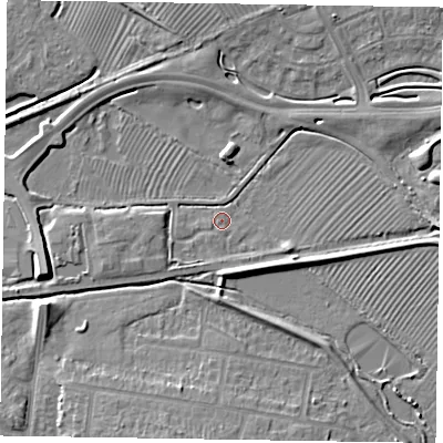 Shaded relief map of the ground around HP201AS, computed from Environment Agency LiDAR. The ground here sits at about 80 m above sea level and falls 6 m across the surrounding 800 m. Surface water reaching this point runs off ground lying to the east, 4.4 m higher.