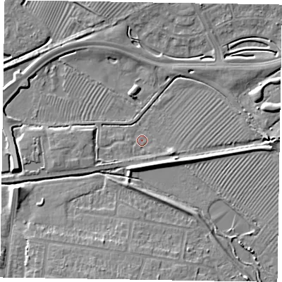 Shaded relief map of the ground around HP201AW, computed from Environment Agency LiDAR. The ground here sits at about 80 m above sea level and falls 6 m across the surrounding 800 m. Surface water reaching this point runs off ground lying to the east, 4.1 m higher.