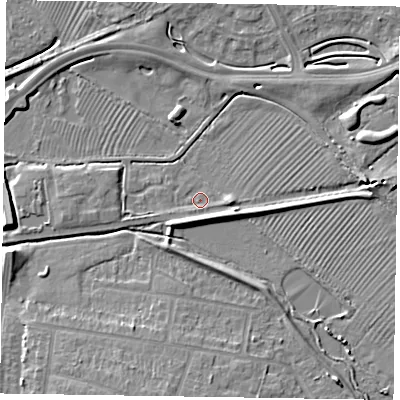 Shaded relief map of the ground around HP201AY, computed from Environment Agency LiDAR. The ground here sits at about 80 m above sea level and falls 6 m across the surrounding 800 m. Surface water reaching this point runs off ground lying to the east-south-east, 3.1 m higher.