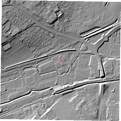 Shaded relief map of the ground around HP201BD, computed from Environment Agency LiDAR. The ground here sits at about 80 m above sea level and falls 15 m across the surrounding 800 m. Surface water reaching this point runs off ground lying to the north, 0.8 m higher.