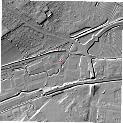 Shaded relief map of the ground around HP201BH, computed from Environment Agency LiDAR. The ground here sits at about 79 m above sea level and falls 12 m across the surrounding 800 m. Surface water reaching this point runs off ground lying to the south-south-west, 1.2 m higher.