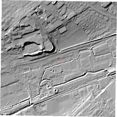 Shaded relief map of the ground around HP201DA, computed from Environment Agency LiDAR. The ground here sits at about 79 m above sea level and falls 18 m across the surrounding 800 m. Surface water reaching this point runs off ground lying to the north, 16.8 m higher.