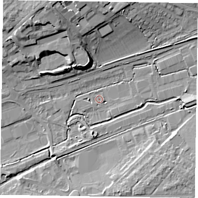 Shaded relief map of the ground around HP201DB, computed from Environment Agency LiDAR. The ground here sits at about 78 m above sea level and falls 17 m across the surrounding 800 m. Surface water reaching this point runs off ground lying to the west-south-west, 1.7 m higher.