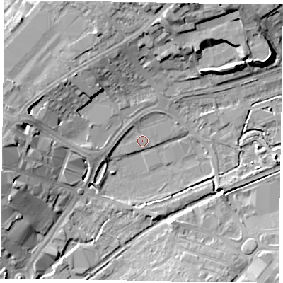 Shaded relief map of the ground around HP201DH, computed from Environment Agency LiDAR. The ground here sits at about 78 m above sea level and falls 16 m across the surrounding 800 m. Surface water reaching this point runs off ground lying to the west-south-west, 3.4 m higher.