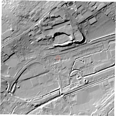 Shaded relief map of the ground around HP201DN, computed from Environment Agency LiDAR. The ground here sits at about 79 m above sea level and falls 18 m across the surrounding 800 m. Surface water reaching this point runs off ground lying to the north-west, 1.8 m higher.