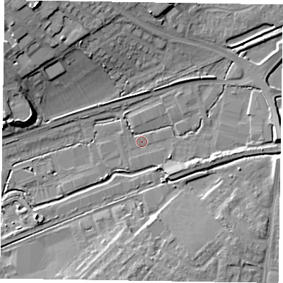 Shaded relief map of the ground around HP201DQ, computed from Environment Agency LiDAR. The ground here sits at about 79 m above sea level and falls 18 m across the surrounding 800 m. Surface water reaching this point runs off ground lying to the north-north-west, 9.0 m higher.
