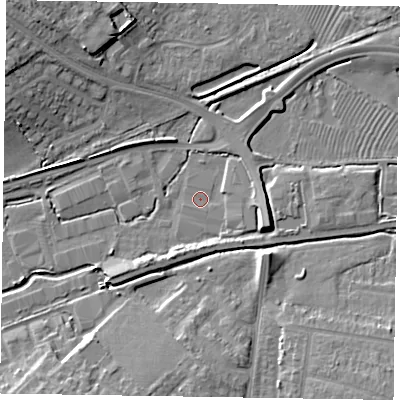 Shaded relief map of the ground around HP201DS, computed from Environment Agency LiDAR. The ground here sits at about 79 m above sea level and falls 11 m across the surrounding 800 m. Surface water reaching this point runs off ground lying to the east-south-east, 1.6 m higher.