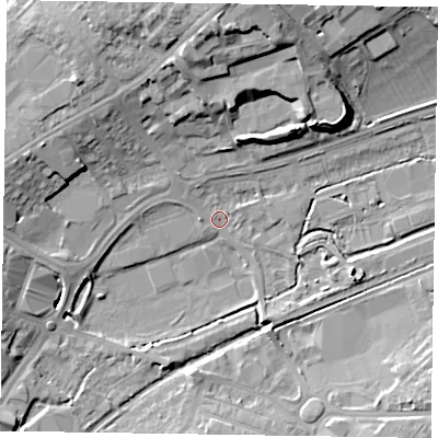 Shaded relief map of the ground around HP201DU, computed from Environment Agency LiDAR. The ground here sits at about 78 m above sea level and falls 17 m across the surrounding 800 m. Surface water reaching this point runs off ground lying to the north, 15.1 m higher.