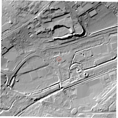 Shaded relief map of the ground around HP201DW, computed from Environment Agency LiDAR. The ground here sits at about 79 m above sea level and falls 17 m across the surrounding 800 m. Surface water reaching this point runs off ground lying to the west-north-west, 1.1 m higher.
