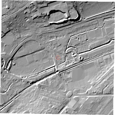 Shaded relief map of the ground around HP201DX, computed from Environment Agency LiDAR. The ground here sits at about 78 m above sea level and falls 14 m across the surrounding 800 m. Surface water reaching this point runs off ground lying to the east, 5.1 m higher.