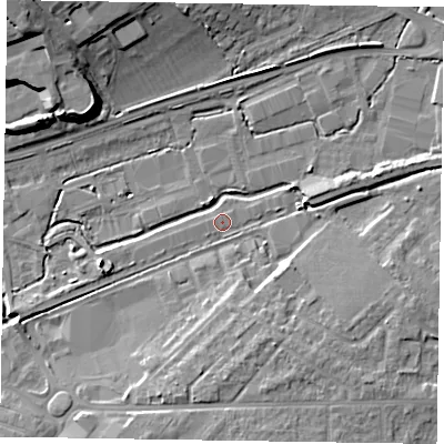Shaded relief map of the ground around HP201EB, computed from Environment Agency LiDAR. The ground here sits at about 79 m above sea level and falls 15 m across the surrounding 800 m. Surface water reaching this point runs off ground lying to the south-east, 6.8 m higher.