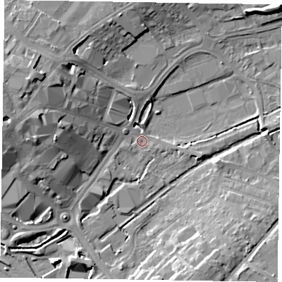 Shaded relief map of the ground around HP201FE, computed from Environment Agency LiDAR. The ground here sits at about 78 m above sea level and falls 16 m across the surrounding 800 m. Surface water reaching this point runs off ground lying to the west-north-west, 15.1 m higher.
