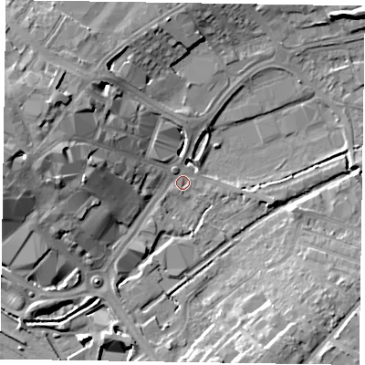 Shaded relief map of the ground around HP201FF, computed from Environment Agency LiDAR. The ground here sits at about 78 m above sea level and falls 16 m across the surrounding 800 m. Surface water reaching this point runs off ground lying to the west-north-west, 15.1 m higher.