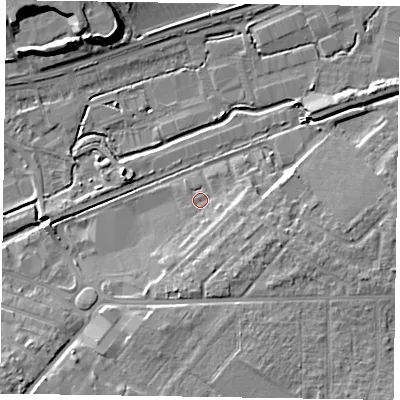 Shaded relief map of the ground around HP201FW, computed from Environment Agency LiDAR. The ground here sits at about 80 m above sea level and falls 10 m across the surrounding 800 m. Surface water reaching this point runs off ground lying to the south-east, 5.1 m higher.