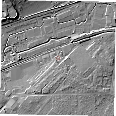 Shaded relief map of the ground around HP201FY, computed from Environment Agency LiDAR. The ground here sits at about 80 m above sea level and falls 11 m across the surrounding 800 m. Surface water reaching this point runs off ground lying to the south-south-east, 4.7 m higher.