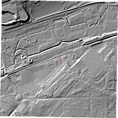 Shaded relief map of the ground around HP201FZ, computed from Environment Agency LiDAR. The ground here sits at about 80 m above sea level and falls 12 m across the surrounding 800 m. Surface water reaching this point runs off ground lying to the south-east, 5.5 m higher.