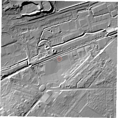 Shaded relief map of the ground around HP201GF, computed from Environment Agency LiDAR. The ground here sits at about 79 m above sea level and falls 10 m across the surrounding 800 m. Surface water reaching this point runs off ground lying to the east-south-east, 5.8 m higher.