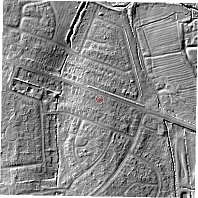 Shaded relief map of the ground around HP201JT, computed from Environment Agency LiDAR. The ground here sits at about 87 m above sea level and falls 9 m across the surrounding 800 m. Surface water reaching this point runs off ground lying to the south-south-west, 1.0 m higher.