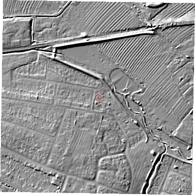 Shaded relief map of the ground around HP201PA, computed from Environment Agency LiDAR. The ground here sits at about 81 m above sea level and falls 8 m across the surrounding 800 m. Surface water reaching this point runs off ground lying to the south, 6.0 m higher.