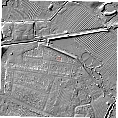 Shaded relief map of the ground around HP201PB, computed from Environment Agency LiDAR. The ground here sits at about 81 m above sea level and falls 7 m across the surrounding 800 m. Surface water reaching this point runs off ground lying to the south, 5.7 m higher.