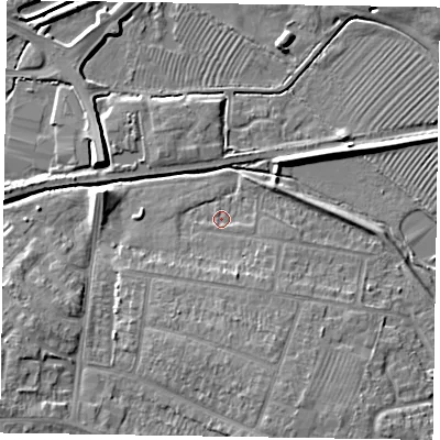 Shaded relief map of the ground around HP201PD, computed from Environment Agency LiDAR. The ground here sits at about 81 m above sea level and falls 8 m across the surrounding 800 m. Surface water reaching this point runs off ground lying to the south-south-east, 2.7 m higher.