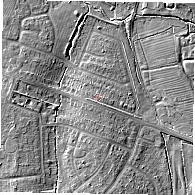 Shaded relief map of the ground around HP201PJ, computed from Environment Agency LiDAR. The ground here sits at about 86 m above sea level and falls 9 m across the surrounding 800 m. Surface water reaching this point runs off ground lying to the south-south-west, 1.8 m higher.