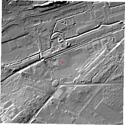 Shaded relief map of the ground around HP201PQ, computed from Environment Agency LiDAR. The ground here sits at about 79 m above sea level and falls 10 m across the surrounding 800 m. The ground contributing surface water to this point lies to the north-north-east.