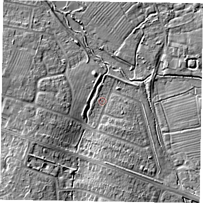 Shaded relief map of the ground around HP201PS, computed from Environment Agency LiDAR. The ground here sits at about 82 m above sea level and falls 8 m across the surrounding 800 m. Surface water reaching this point runs off ground lying to the south-east, 2.5 m higher.