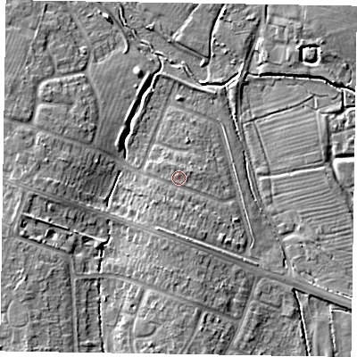 Shaded relief map of the ground around HP201PU, computed from Environment Agency LiDAR. The ground here sits at about 84 m above sea level and falls 9 m across the surrounding 800 m. Surface water reaching this point runs off ground lying to the south-south-west, 2.3 m higher.